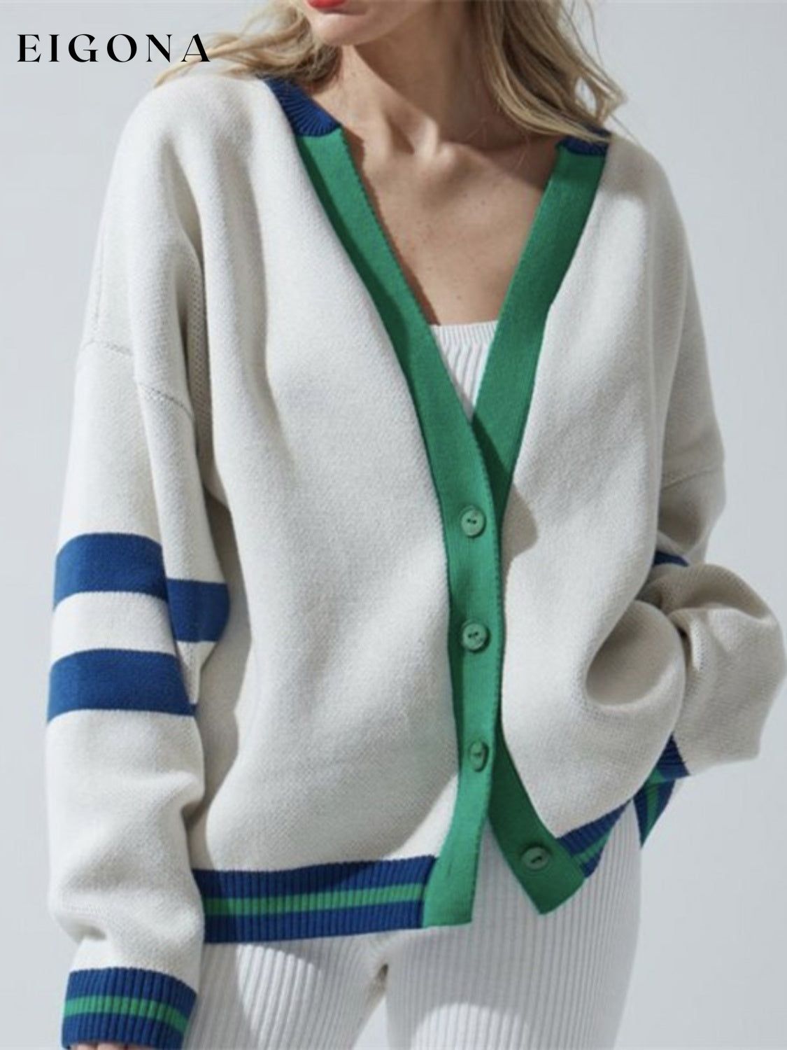 Contrast Dropped Shoulder V-Neck Cardigan Green cardigan cardigans clothes G.JI Ship From Overseas Shipping Delay 09/29/2023 - 10/04/2023 sweater sweaters