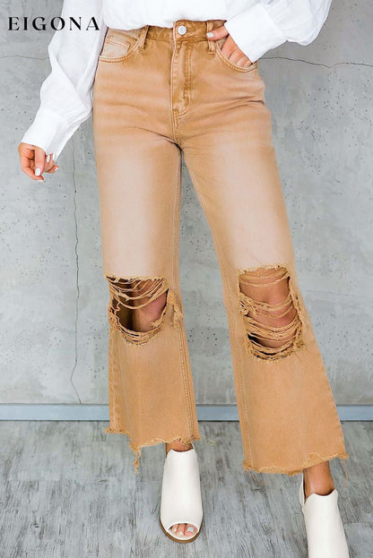 Brown Distressed Hollow-out High Waist Cropped Flare Jeans Brown 100%Cotton All In Stock Best Sellers clothes Color Orange Craft Distressed EDM Monthly Recomend Fabric Denim Hot picks Occasion Daily Print Solid Color Season Spring Silhouette Wide Leg Style Southern Belle