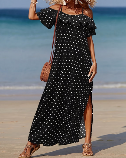 Thin Strap Cold Shoulder Polka Dot Long Dress