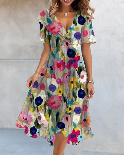 V-neck colorful printed dress summer vacation dresses