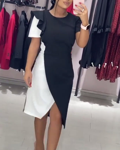 Fashionable color block slit ruffle dress 202466 casual dresses summer