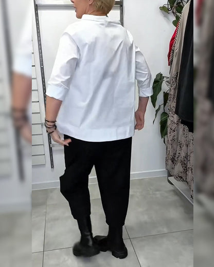 Wide-Collar Solid Color Casual Blouse