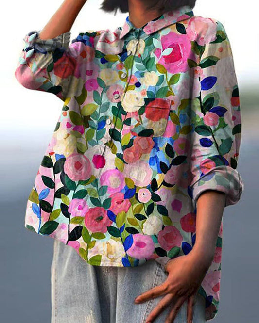 Lapel button floral print blouse blouses & shirts summer
