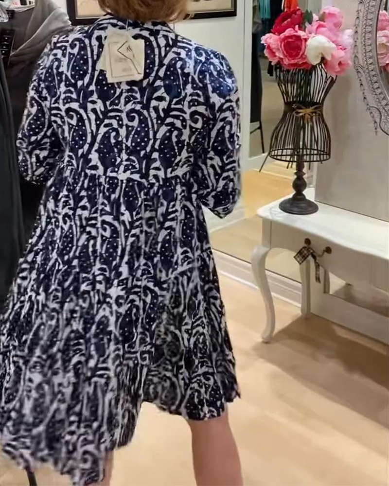 Stand Collar Printed Retro A-Line Dress