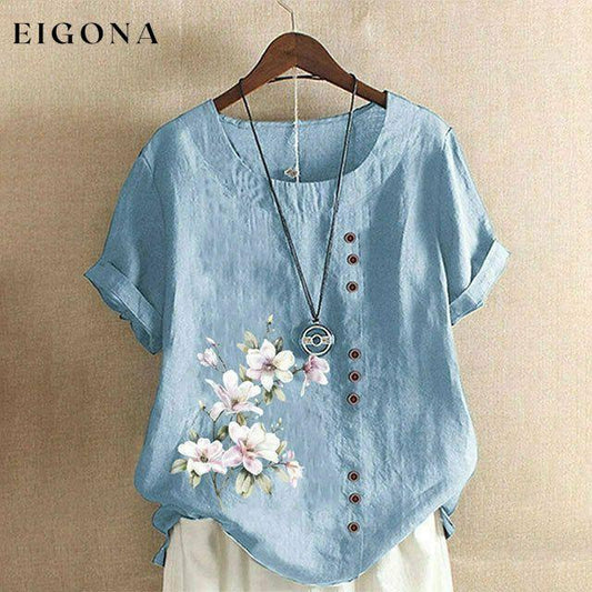 【Cotton and Linen】Casual Floral Print Blouse Blue best Best Sellings clothes Cotton and Linen Plus Size Sale tops Topseller