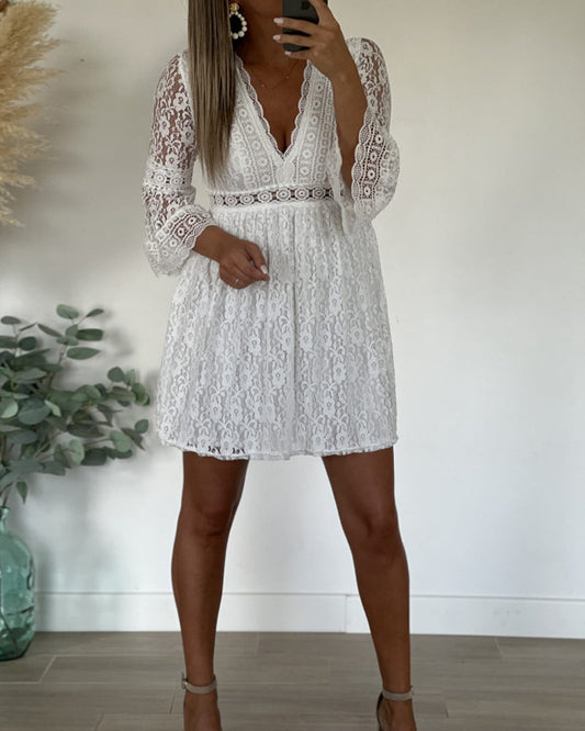 Sexy Ruffle Sleeve Lace Hollow Dress