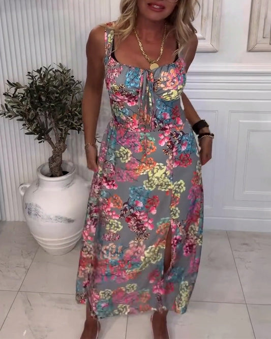 Floral Print Slit Slip Dress