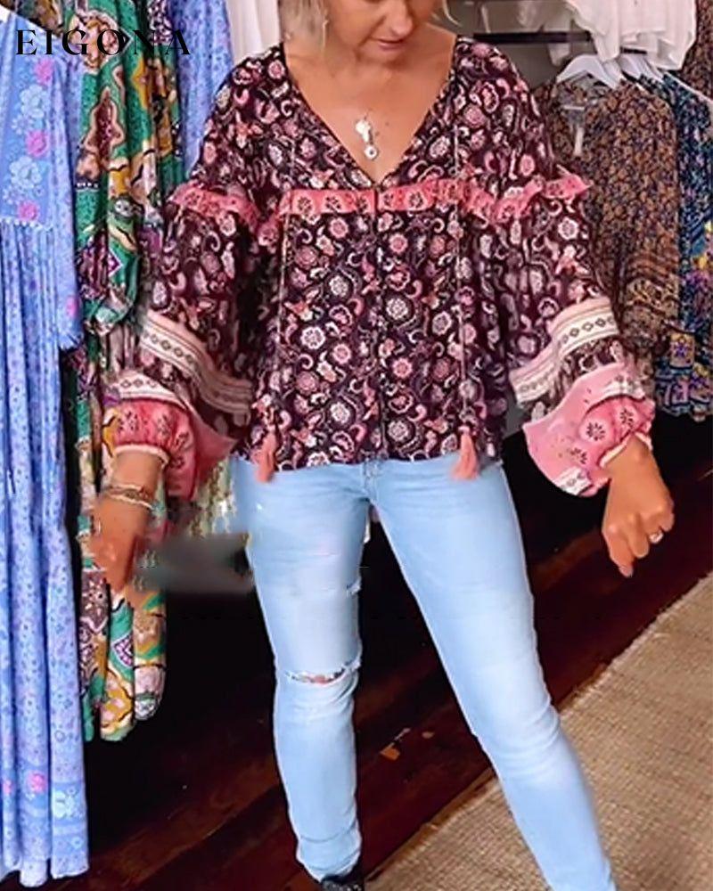 V-neck printed tassel long-sleeve top blouses & shirts spring summer