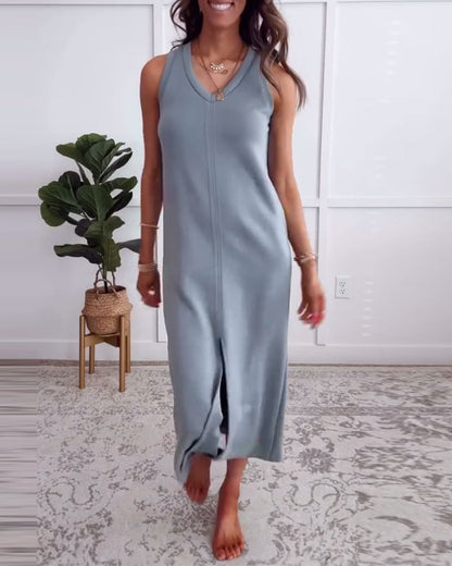 V-Neck Sleeveless Fitted Dress