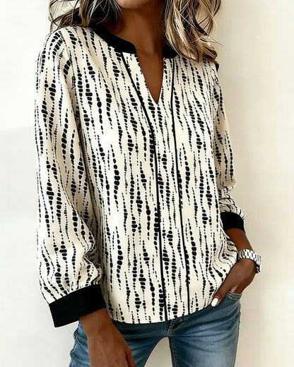 Color-Blocked V-Neck Long-Sleeved Printed Top