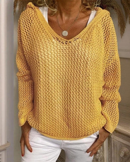 Dames Crochet Hollow Out Hooded Long Sleeve Tops