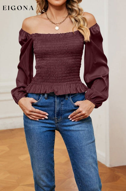 Smocked Off-Shoulder Ruffle Hem Blouse Chestnut clothes long sleeve shirt off the shoulder shirt ruffled shirt Ship From Overseas Shipping Delay 09/29/2023 - 10/02/2023 shirt shirts X&D