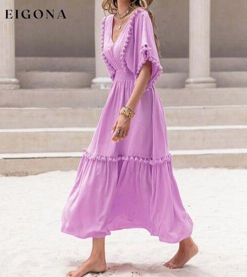 Tassel Trim Smocked V-Neck Short Sleeve Maxi Dress casual dresses clothes dress dresses H.R.Z long sleeve dress maxi dress Ship From Overseas short dress short sleeve short sleeve dress short sleeve dresses