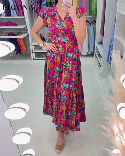 Colorful floral print V-neck elegant dress casual dresses summer