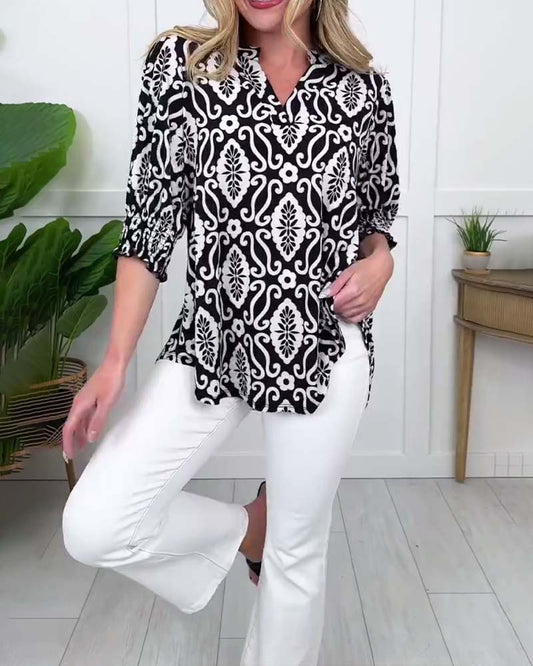 V-Neck Floral Short Sleeve Blouse