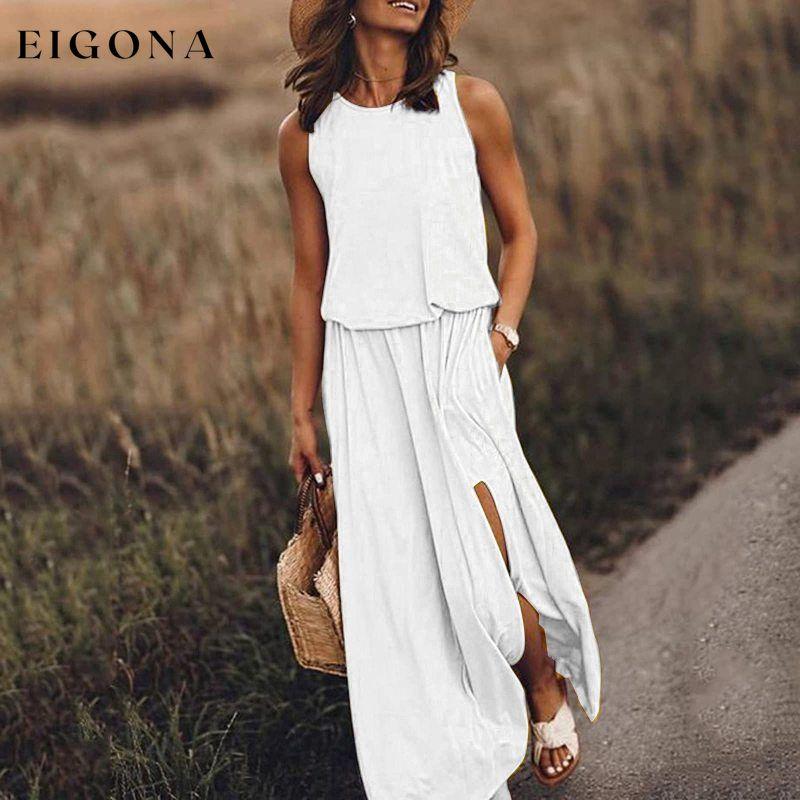 Women's Round Neck Sleeveless Dress Slit Multicolor Solid Color Long Dress White Clothes dresses maxi dress