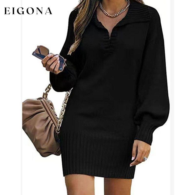 New women's sweater mid-length skirt lapel lantern sleeve pullover loose knitted sweater Black Clothes