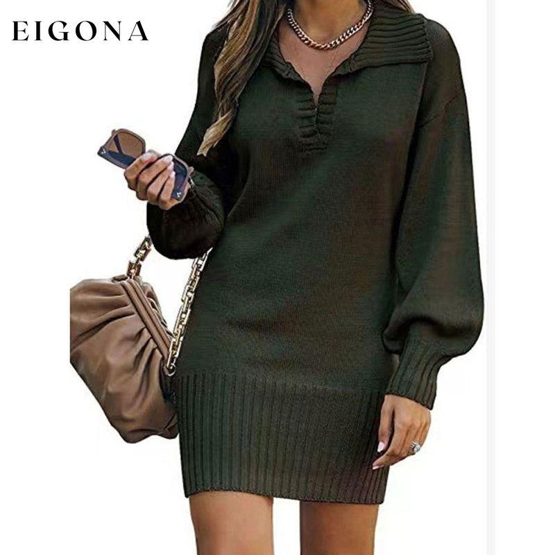 New women's sweater mid-length skirt lapel lantern sleeve pullover loose knitted sweater Olive green Clothes