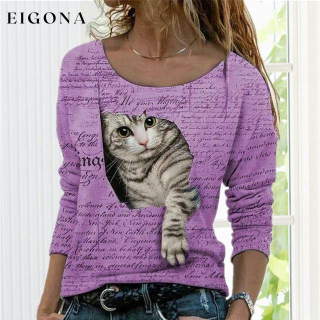 Fashion Cute Cat Print T-Shirt Purple Best Sellings clothes Plus Size Sale tops Topseller