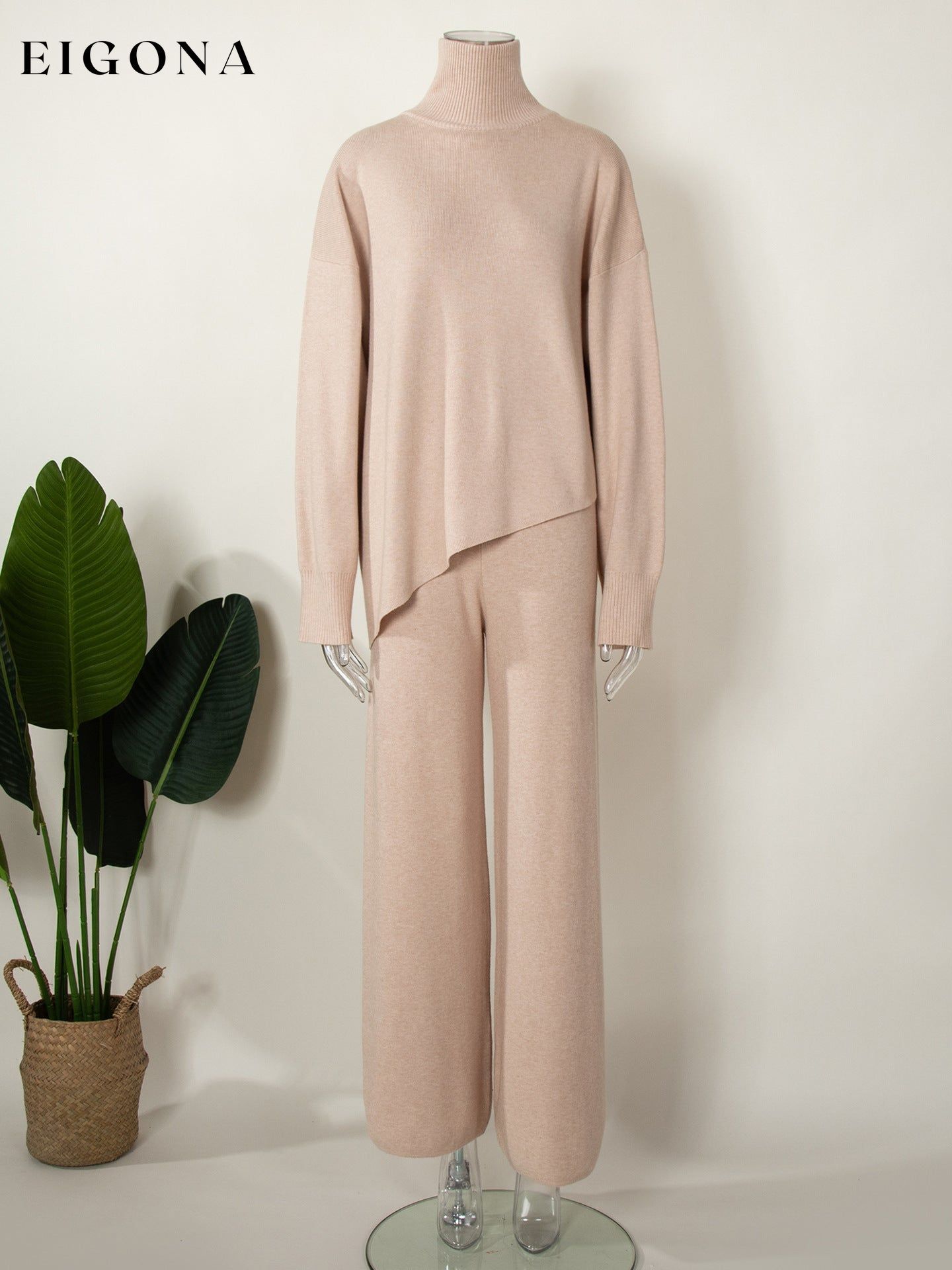 Half Turtleneck Irregular Asymmetric Sweater Suit Elegant Beveled Sweater Knitted Wide Leg Pants Ivory 2 pieces clothes long sleeve shirt pants set sets sweatshirt set