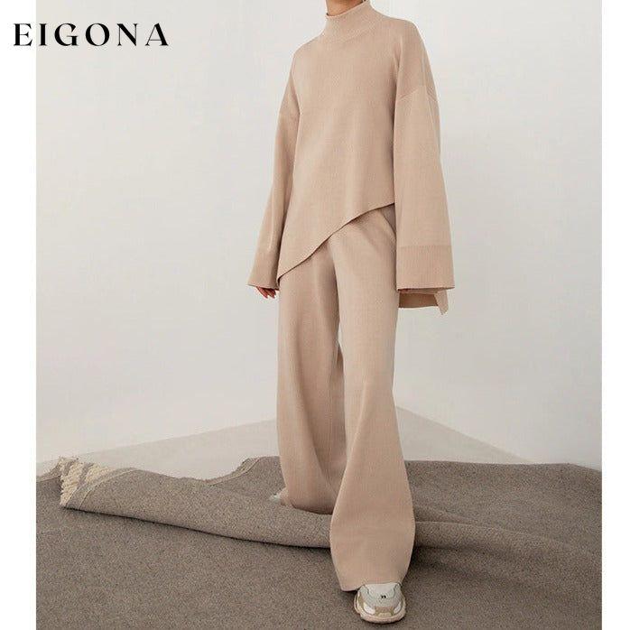 Half Turtleneck Irregular Asymmetric Sweater Suit Elegant Beveled Sweater Knitted Wide Leg Pants 2 pieces clothes long sleeve shirt pants set sets sweatshirt set