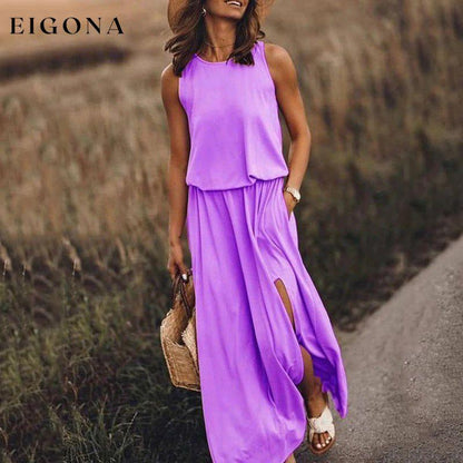 Women's Round Neck Sleeveless Dress Slit Multicolor Solid Color Long Dress Lavender Clothes dresses maxi dress