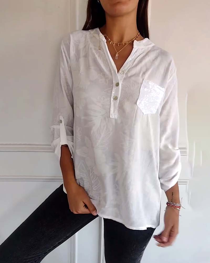 Patchwork-Top mit Pailletten und Blättermuster