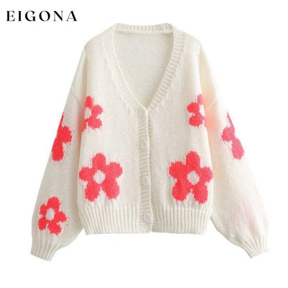 New women's V-neck three-dimensional intarsia lazy style knitted jacket Pink clothes