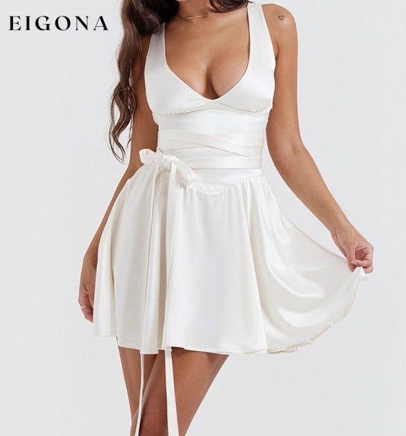 Deep V tie slim fit backless suspender dress White clothes dress dresses short dresses