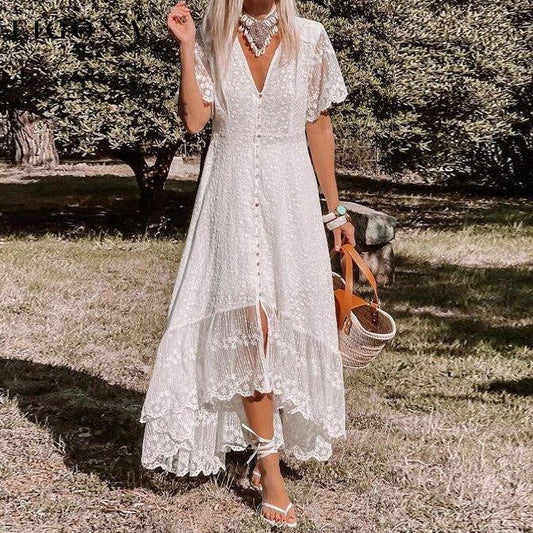 Women's Solid Color V-neck Lace Inset Button Front Maxi Dress White Clothes