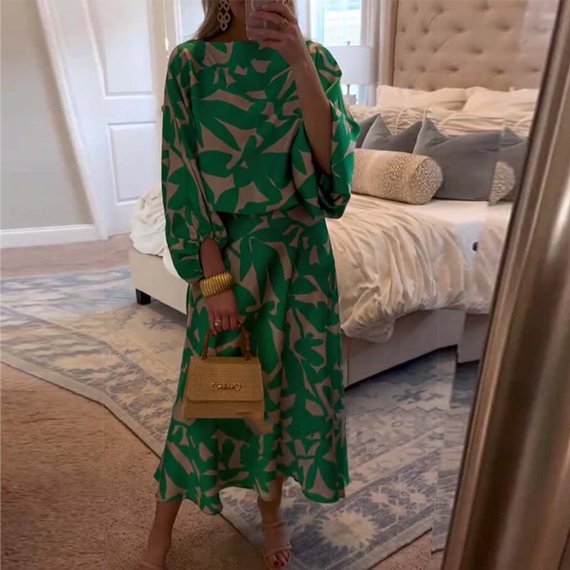 Completo abito casual con maniche a lanterna stampate e temperamento