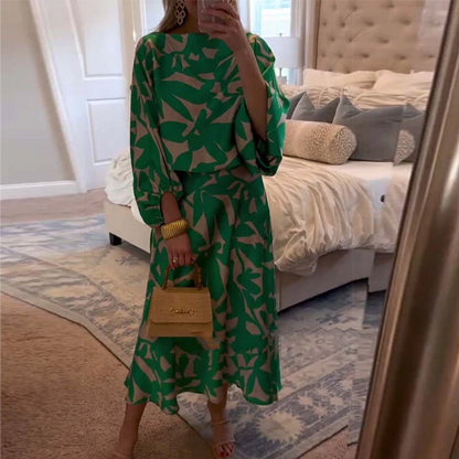 Completo abito casual con maniche a lanterna stampate e temperamento