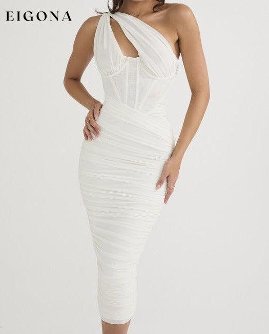 Women's Solid Color Asymmetric Cutout One-shoulder Midi Dress White Clothes