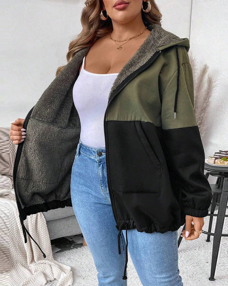 Fleece Lined Color Block Zip-Up Coat