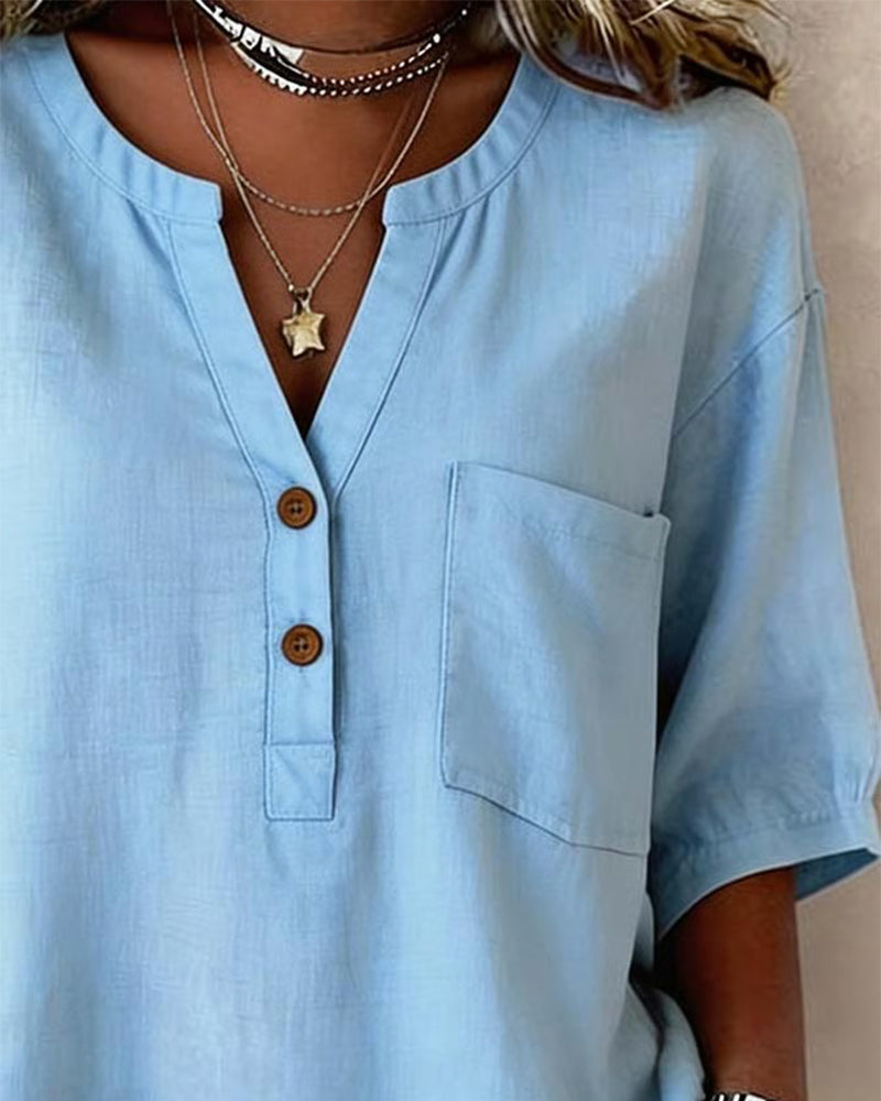 V-Neck Solid Color Three-Quarter Sleeve Shirt