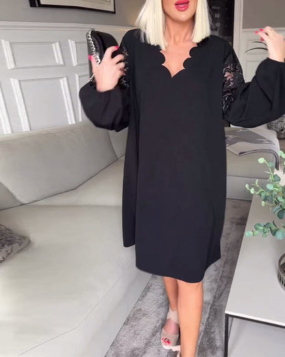 Elegant V-neck lace hollow long sleeve dress