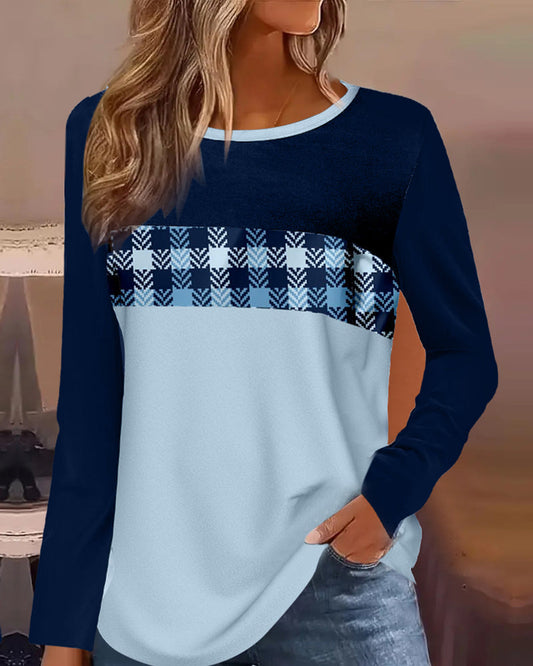 Round neck long sleeve color block top 2024 f/w blouses & shirts