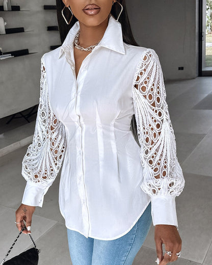 Solid color hollow stitching elegant shirt 202466 blouses & shirts spring summer