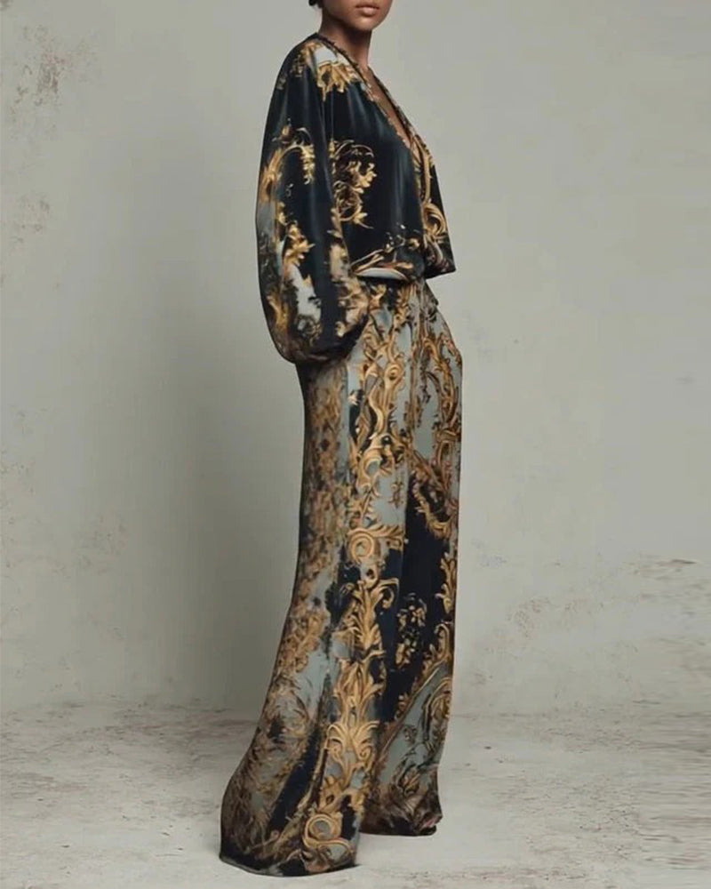 V-Neck Lantern Sleeve Wide Leg Pant Set