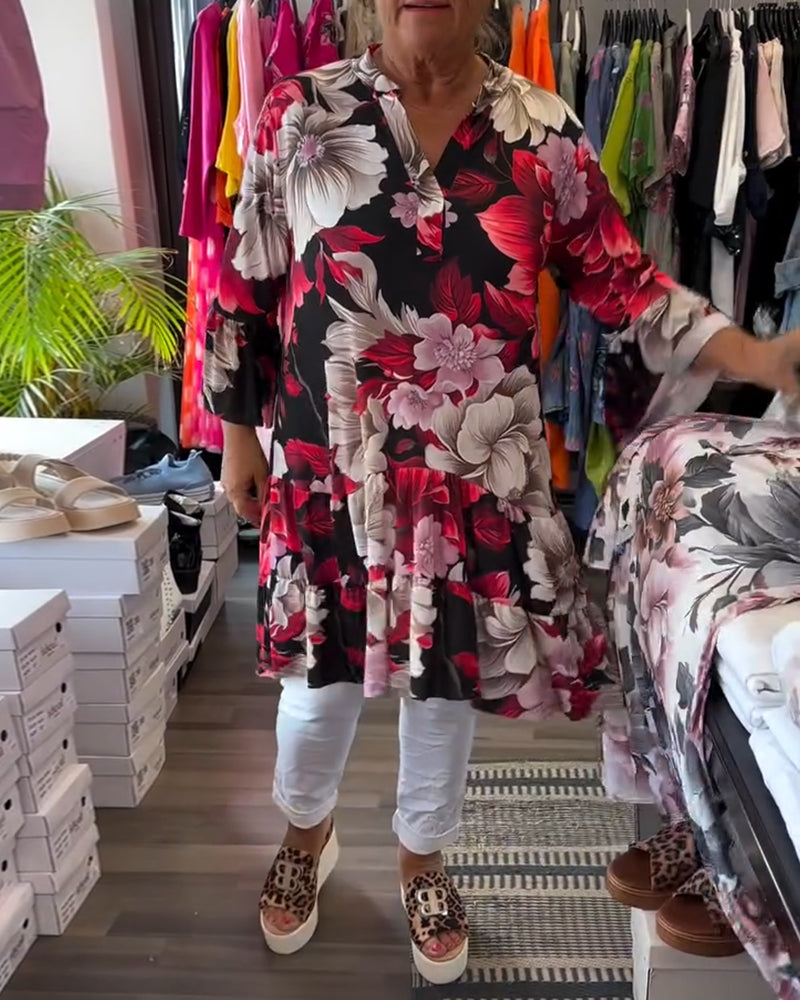 Bell - Sleeve Loose Floral Dress