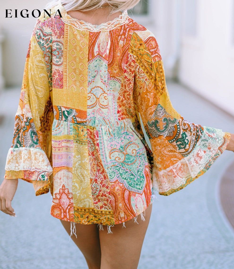 Multicolor Paisley Print Bell Sleeve Lace V-Neck Button Sheer Blouse All In Stock Best Sellers clothes Early Fall Collection long sleeve shirt long sleeve shirts long sleeve top long sleeve tops Occasion Daily Print Paisley Season Spring shirt shirts Style Bohemian top tops