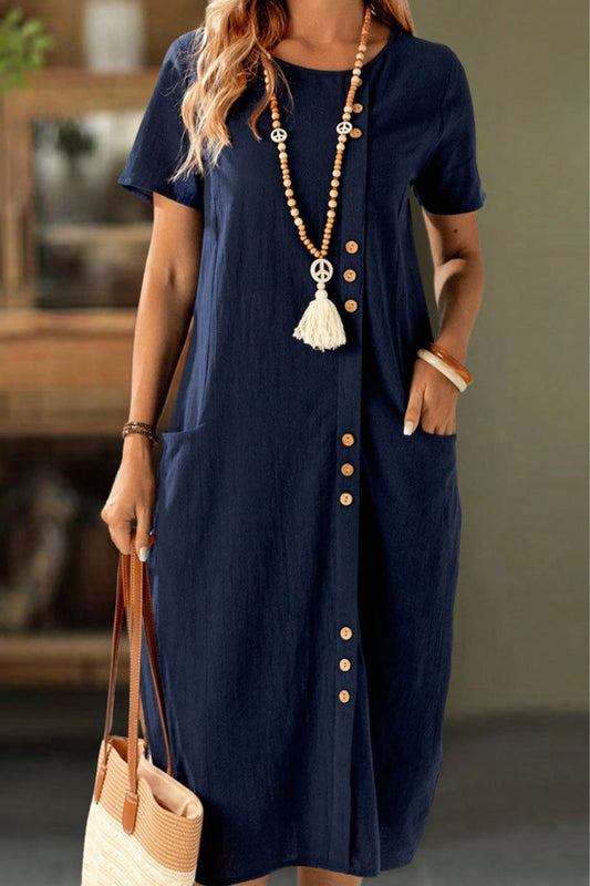 Buttoned Short Sleeve Pocket Shift Dress