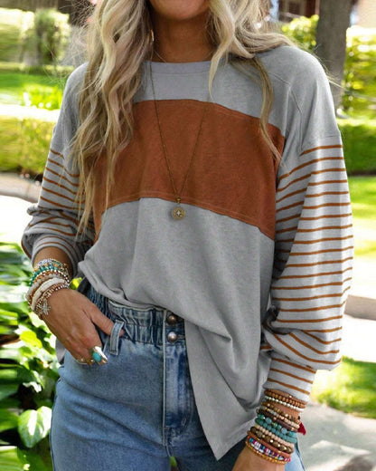 Casual striped contrast color crew neck top 2024 f/w blouses & shirts