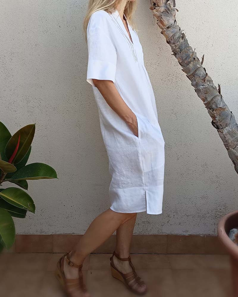 V-Neck Pleated Cotton And Linen  Dress