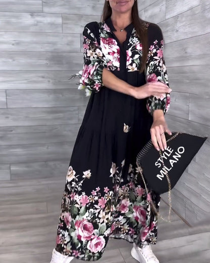 Floral Print Casual Lantern Sleeve Dress