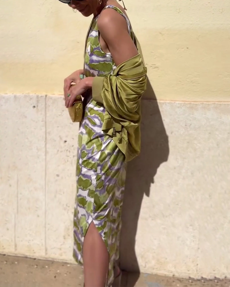 Sleeveless Printed Dress And Coat Set