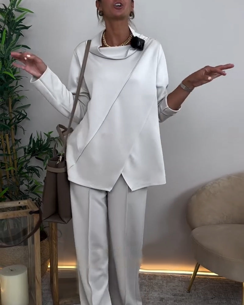 Draped Collar Irregular Long-Sleeved Top