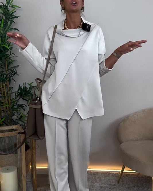 Draped Collar Irregular Long-Sleeved Top