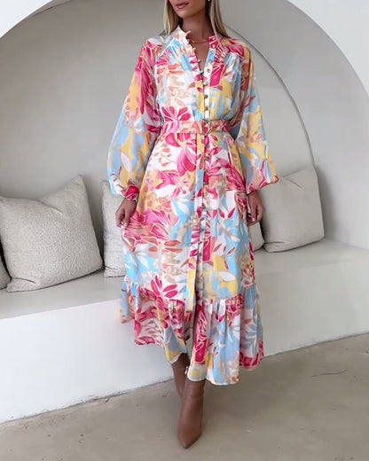 Elegant dress with printed buttons and lantern sleeves casual dresses spring summer