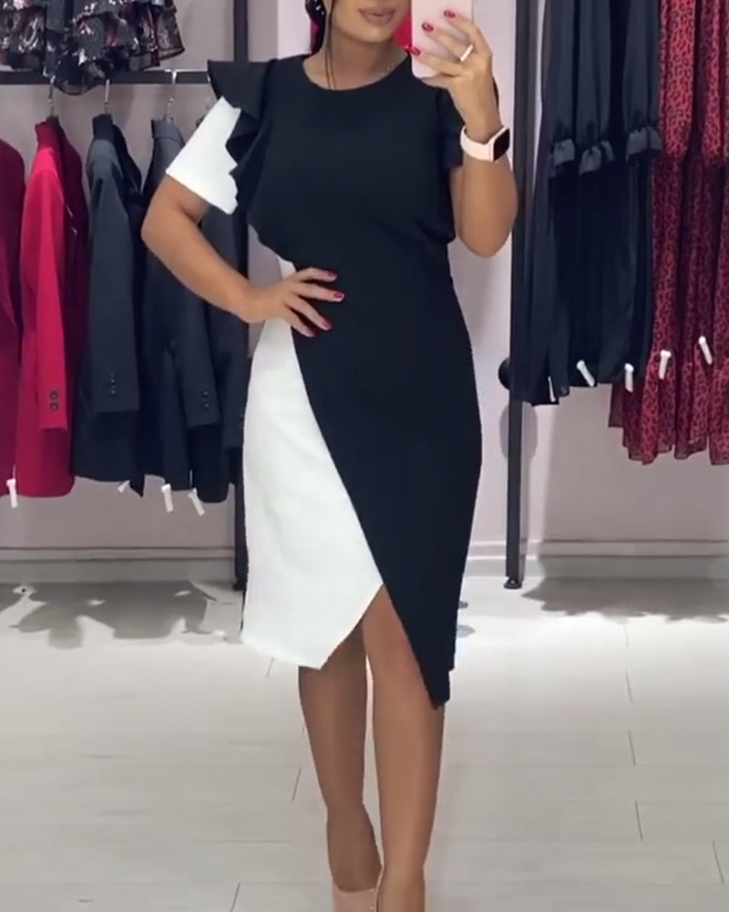 Fashionable color block slit ruffle dress 202466 casual dresses summer